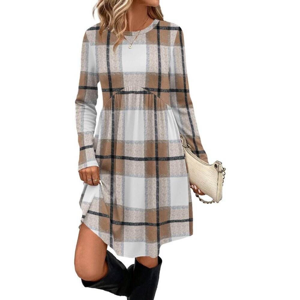 Ofeefan Women Brown Plaid Crew Neck Long Sleeve Empire Waist Dress with Pockets